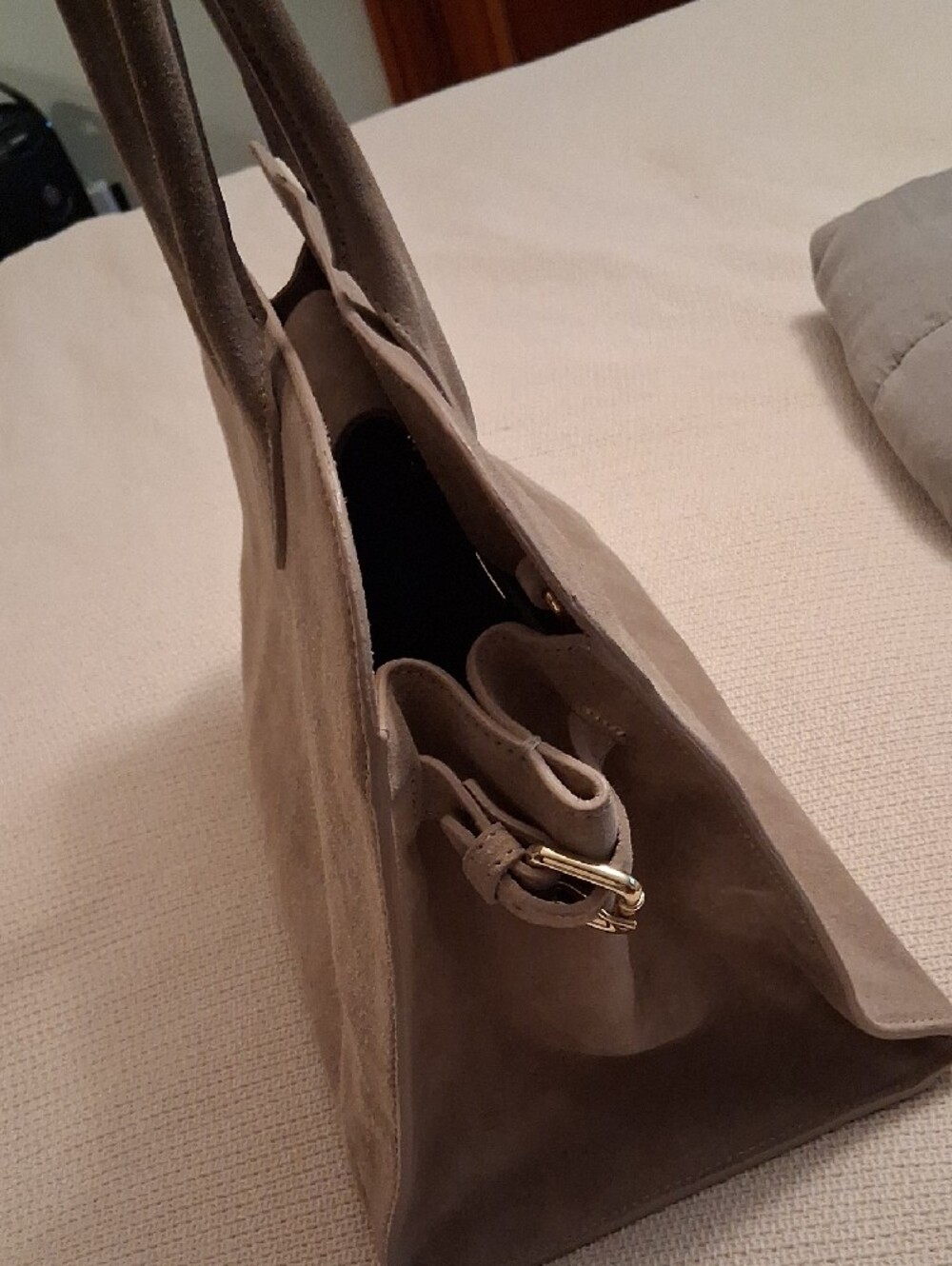 Taupe Suede Structured Satchel Handbag - Picture 5 of 7